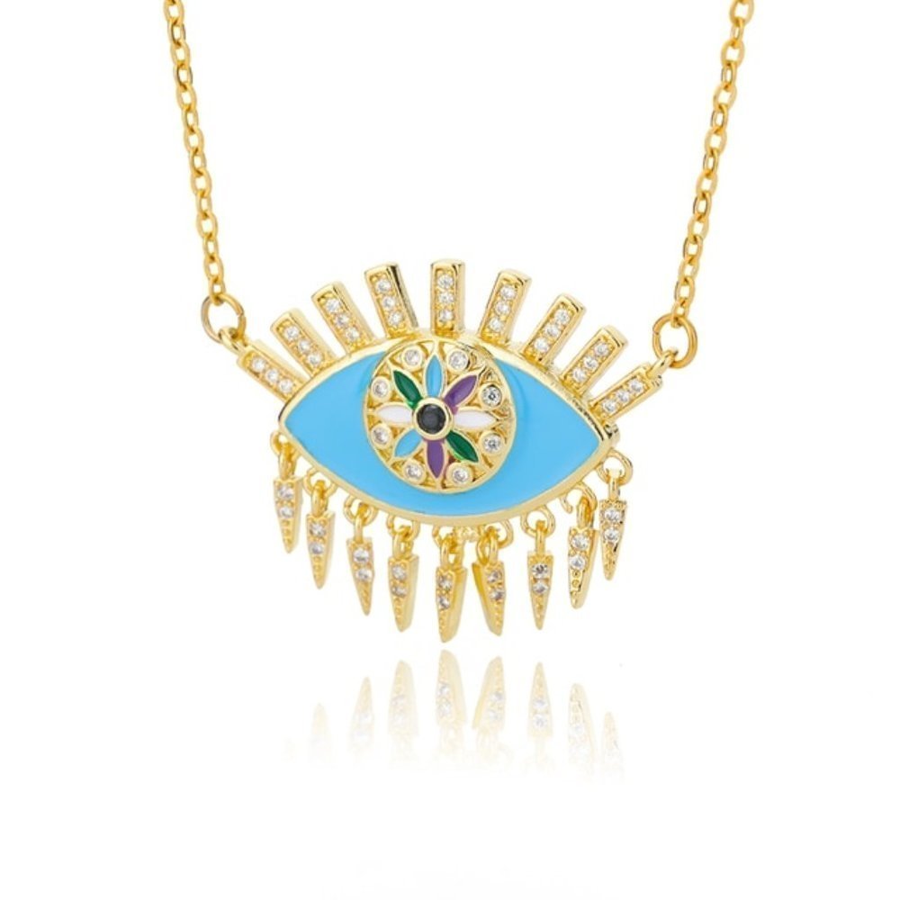 CZ Turquoise Color Rhinestone Evil Greek Eye Blue Stone Spike Dangle Necklace